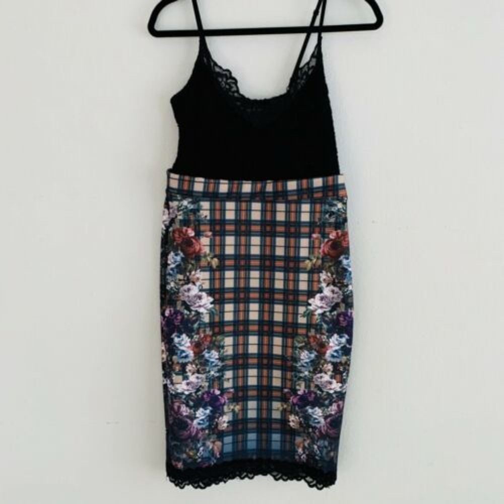 Zara Combo Lace Plaid Floral Cocktail Dress - Picture 1 of 6